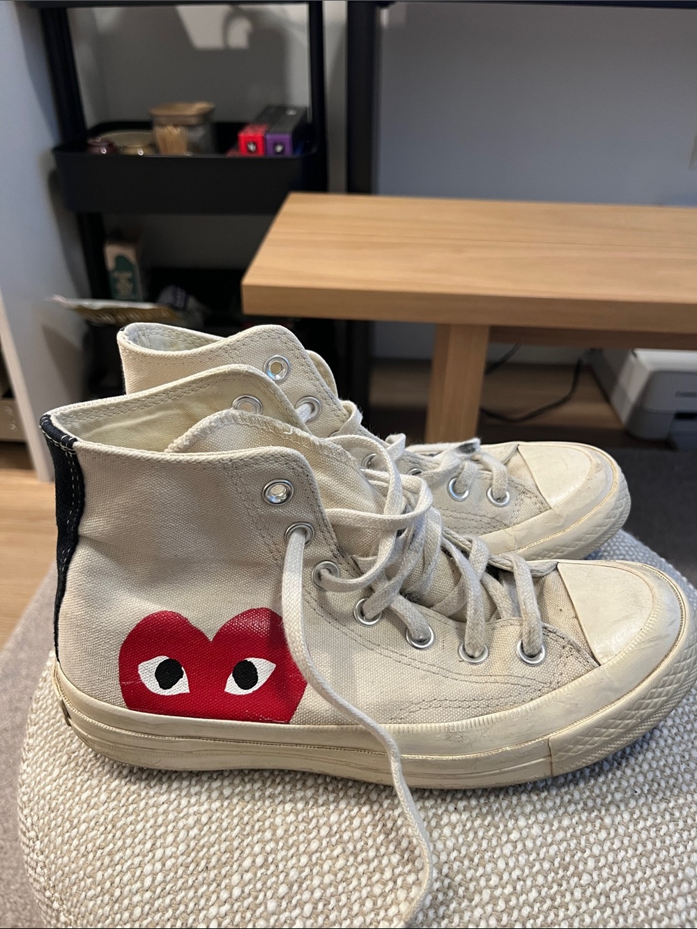 Comme des Garcons Kids Cream High-Top Sneakers with Red Heart
